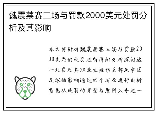 魏震禁赛三场与罚款2000美元处罚分析及其影响