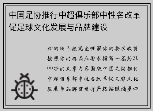 中国足协推行中超俱乐部中性名改革促足球文化发展与品牌建设 中国足协推行中超俱乐部中性名改革促足球文化发展与品牌建设